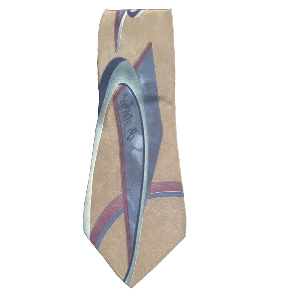 Vintage Henry Grethel 100% Italian Silk Tie Geometric Abstract Taupe Blue Plum